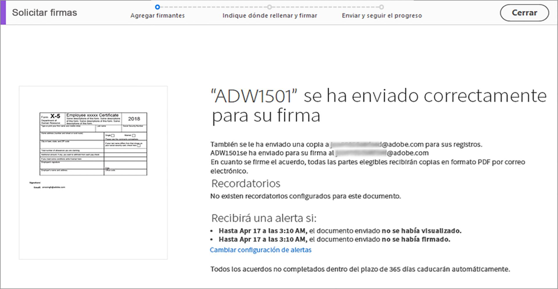 Confirmación de documento enviado para firmar