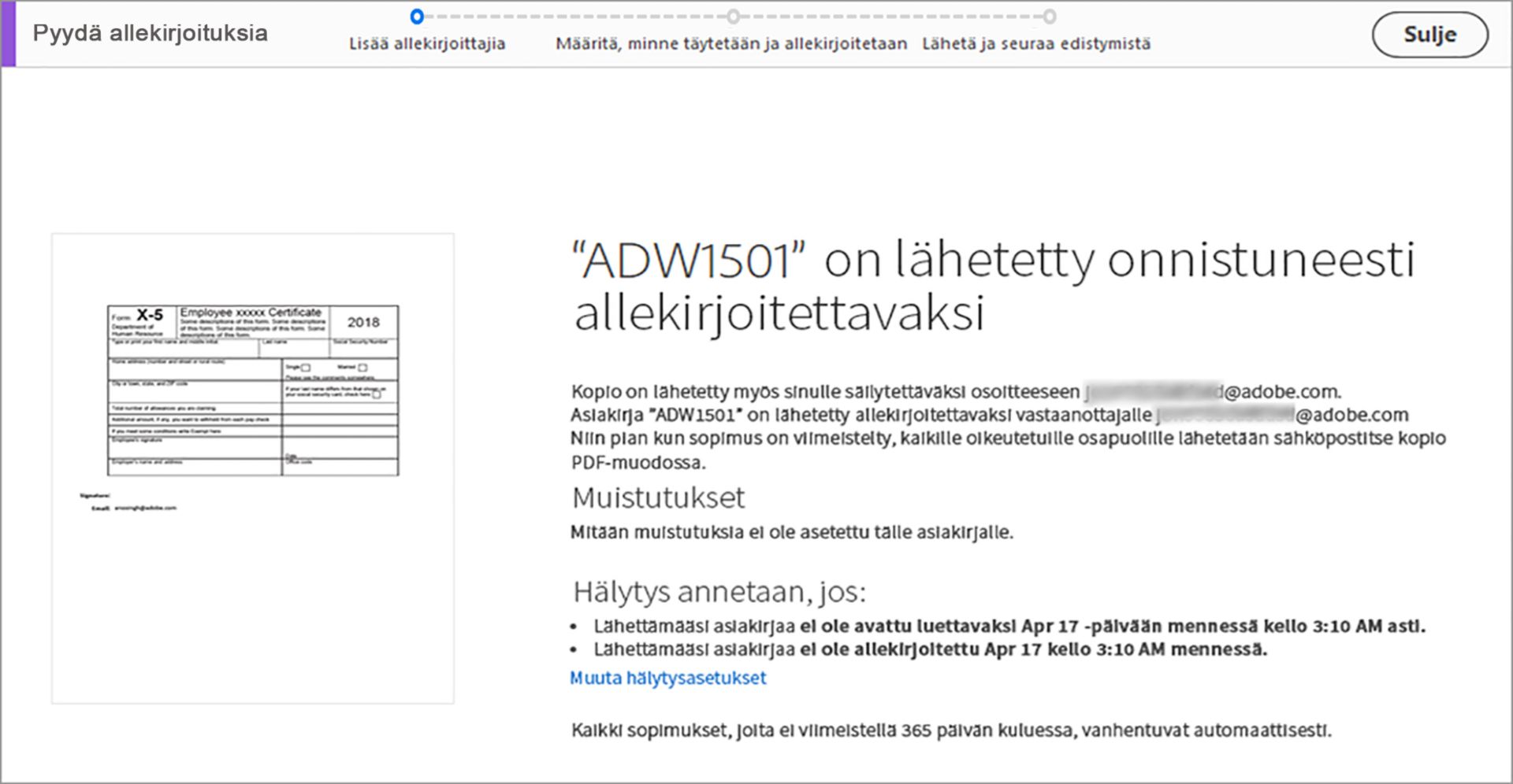 Lähetetty allekirjoitettavaksi -vahvistusviesti