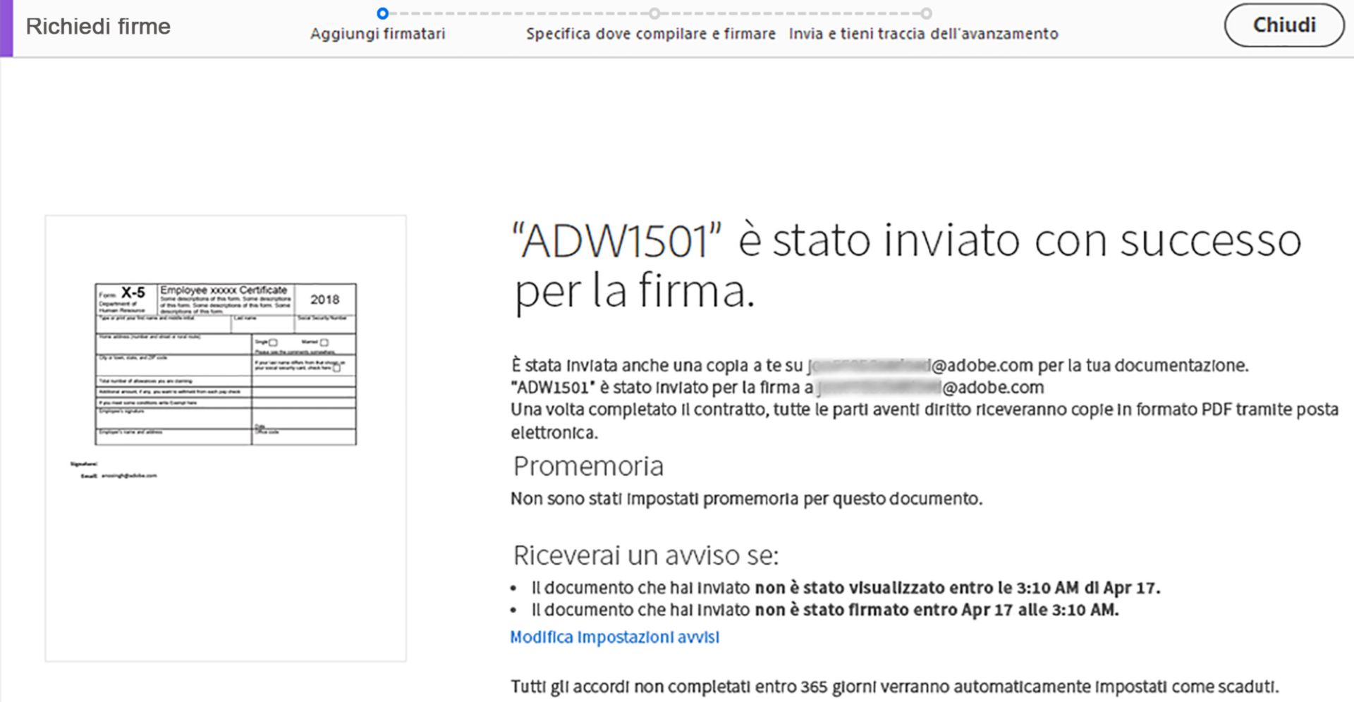 Conferma di Invia per firma