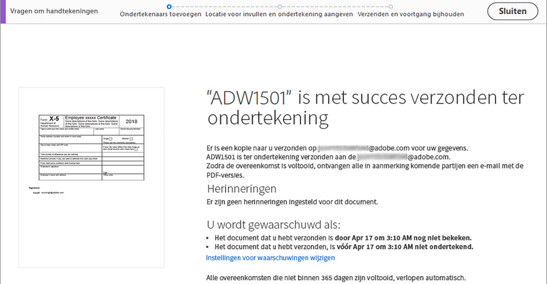 Bevestiging voor Verzenden ter ondertekening