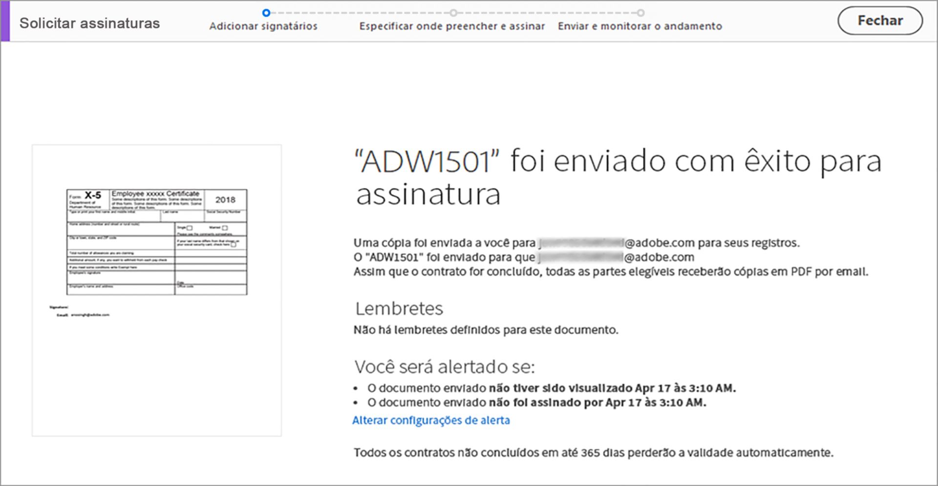 Confirmação de envio para assinatura