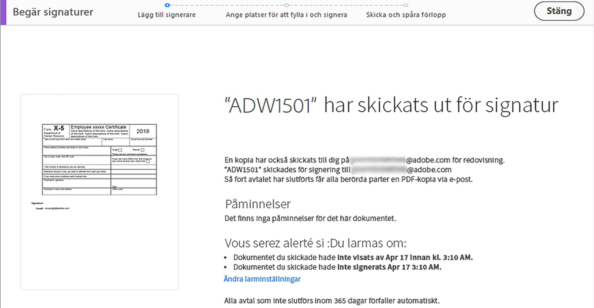 Bekräftelse, skickat för signering
