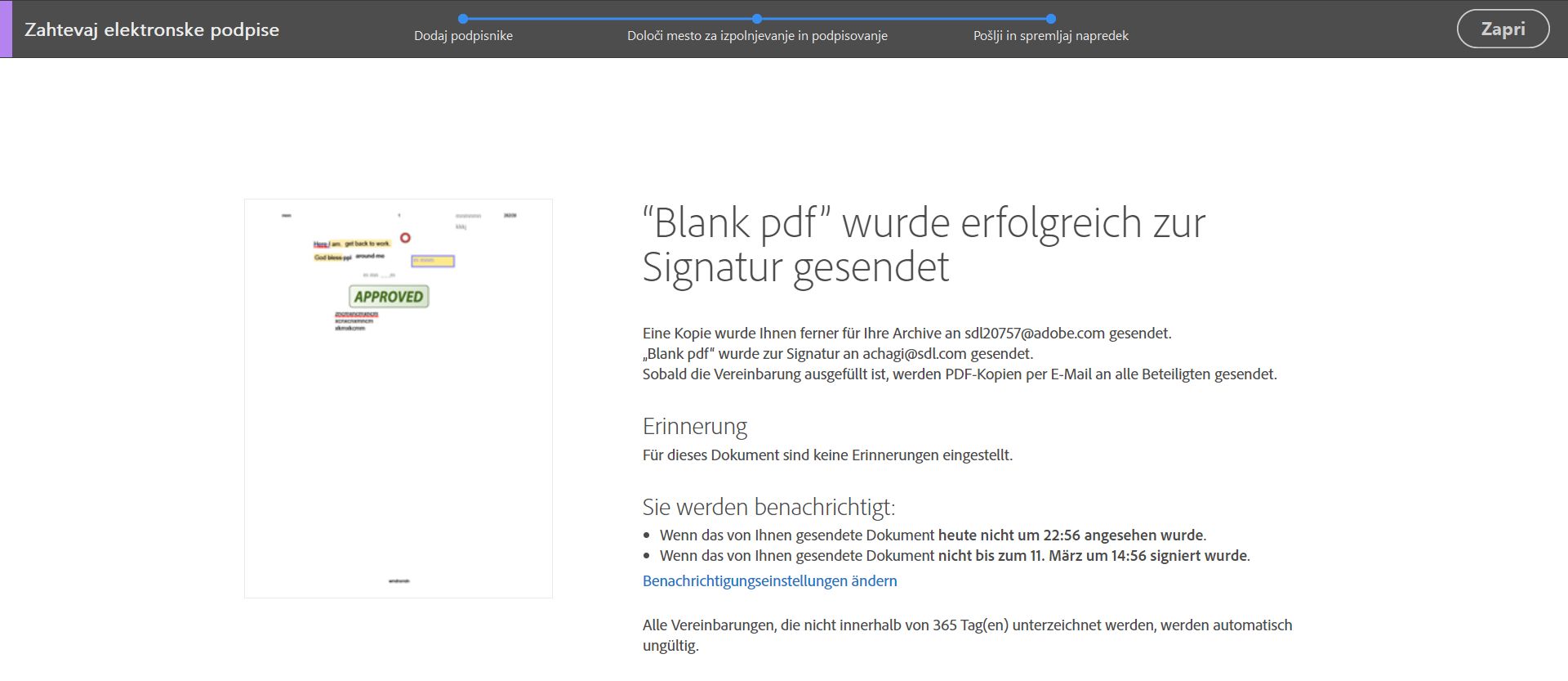Potrditev, da je bil dokument poslan v podpis