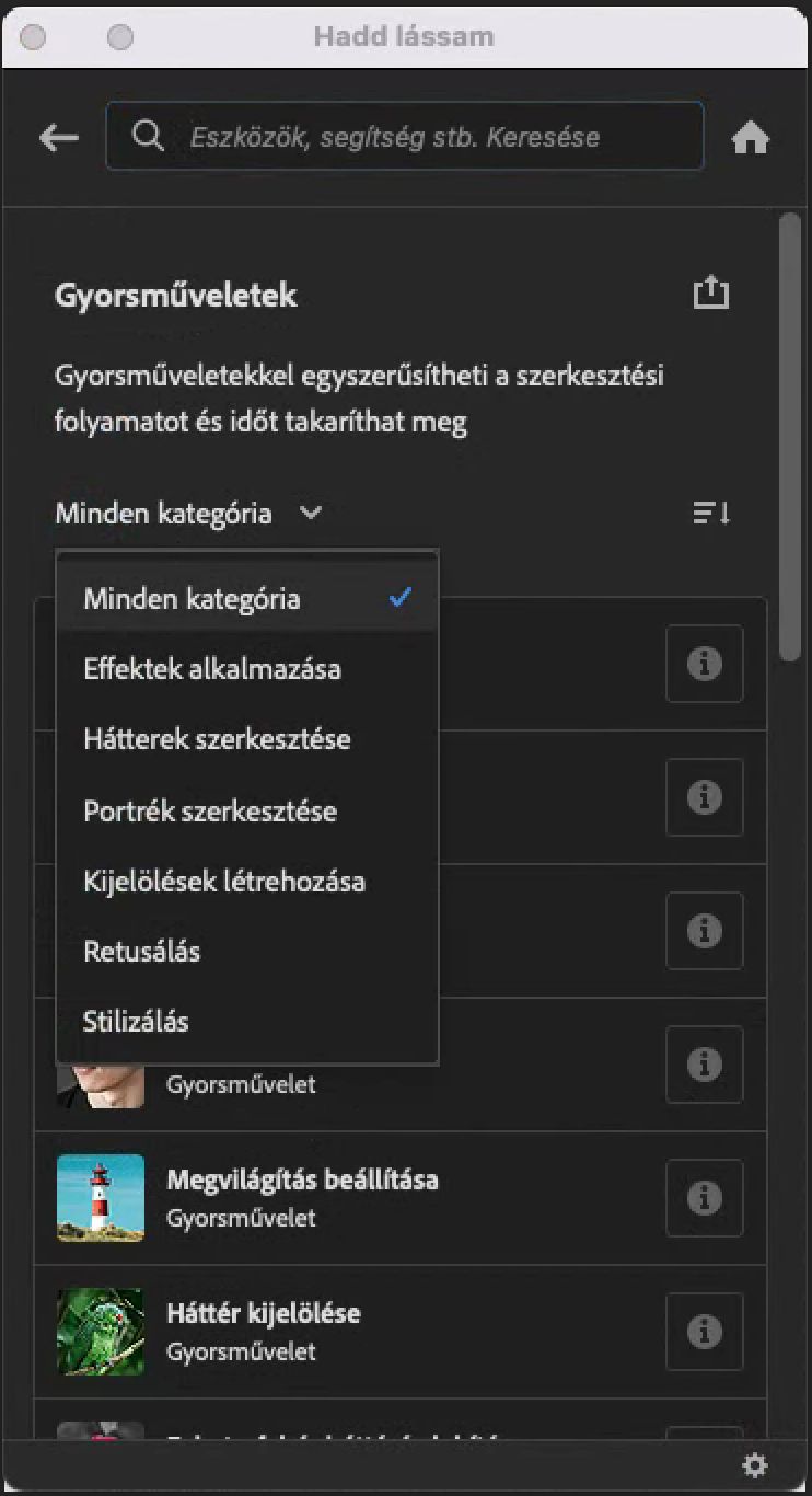 Kattintson a gyorsműveleti kártya melletti információs ikonra, ha többet szeretne tudni az adott gyorsműveletről