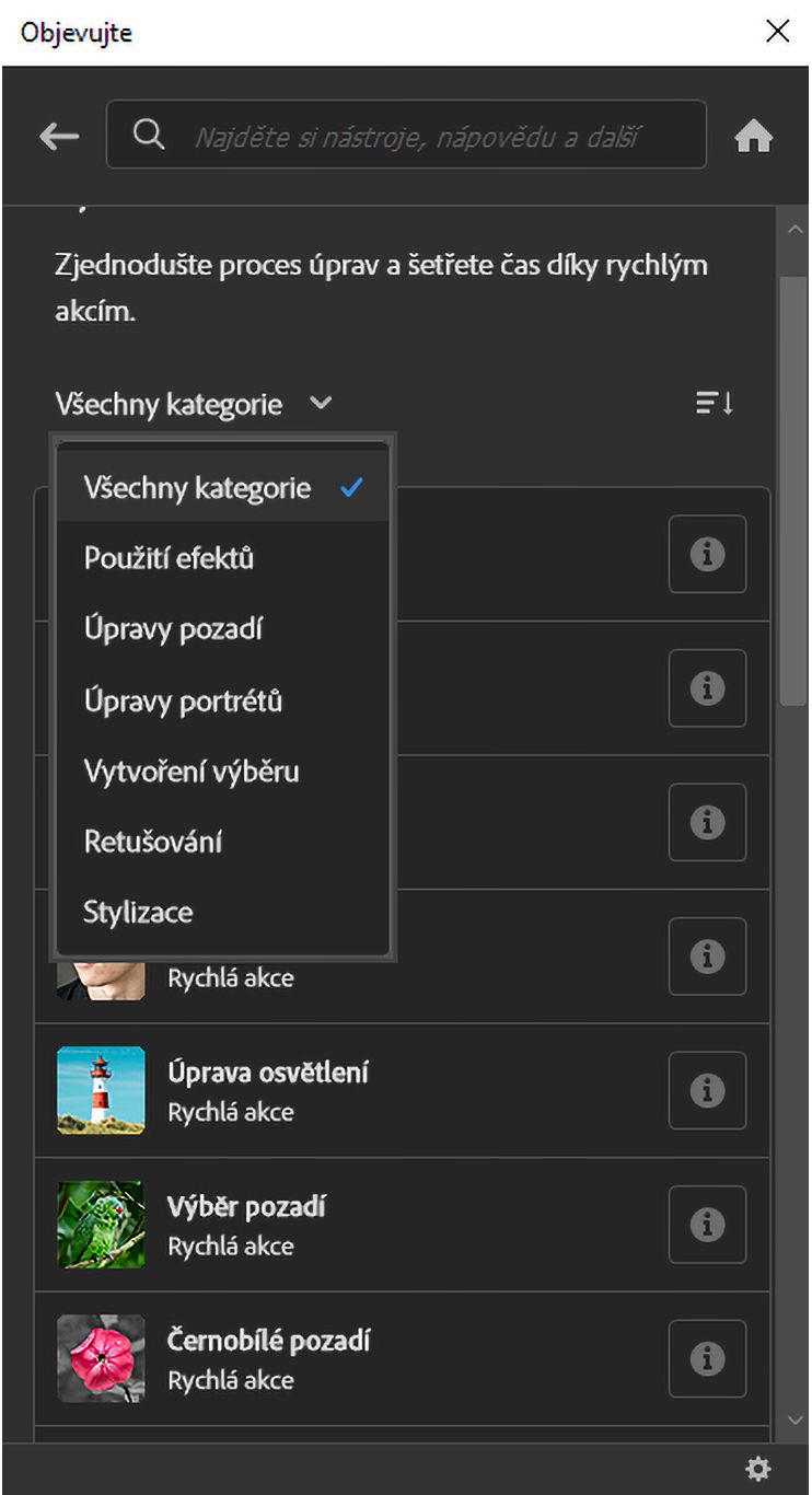 Výběrem ikony informace vedle karty Rychlé akce zobrazíte o příslušné rychlé akci další informace.