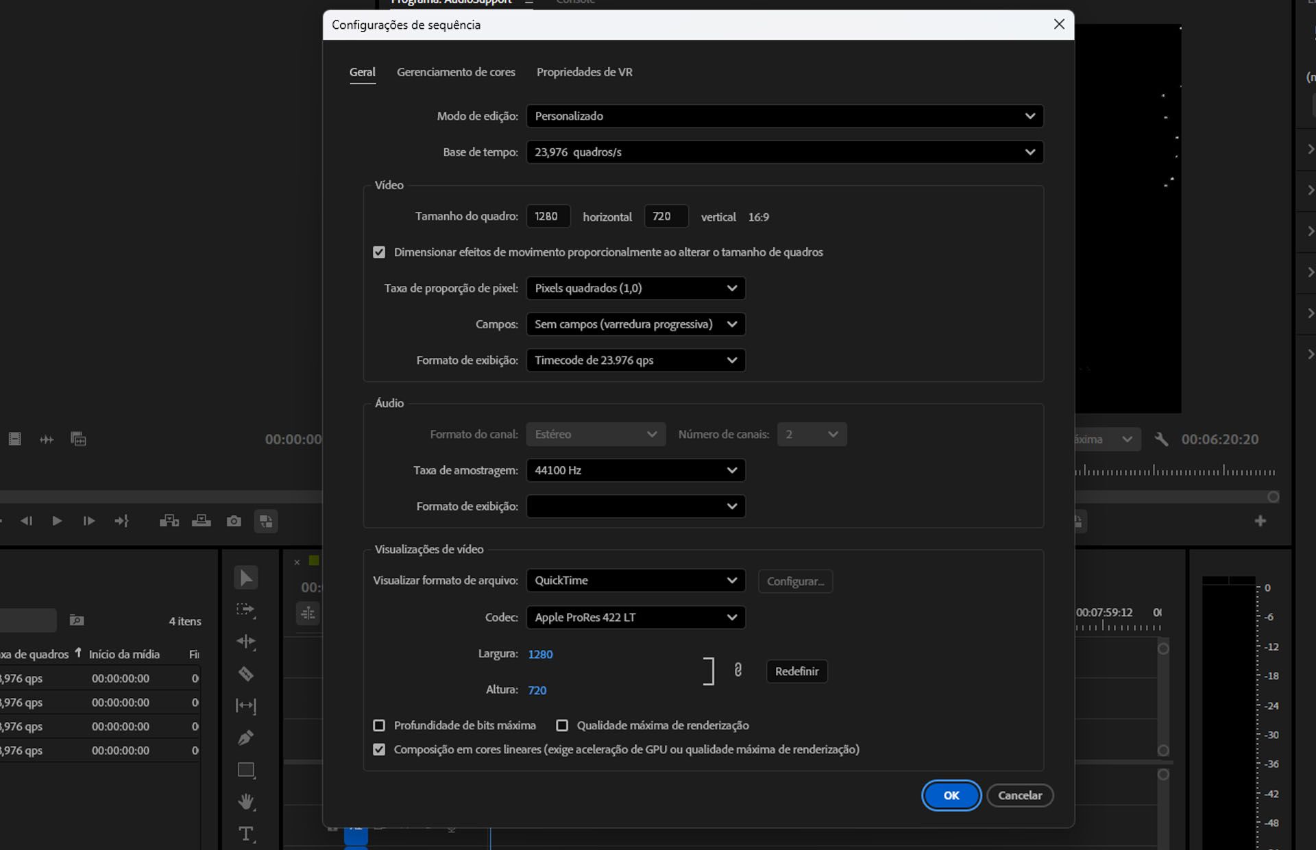 A caixa de diálogo Configurações de sequência no Adobe Premiere Pro mostra opções editáveis como Modo de edição, Base de tempo, Tamanho do quadro, Proporções de pixel e Visualizações de vídeo.
