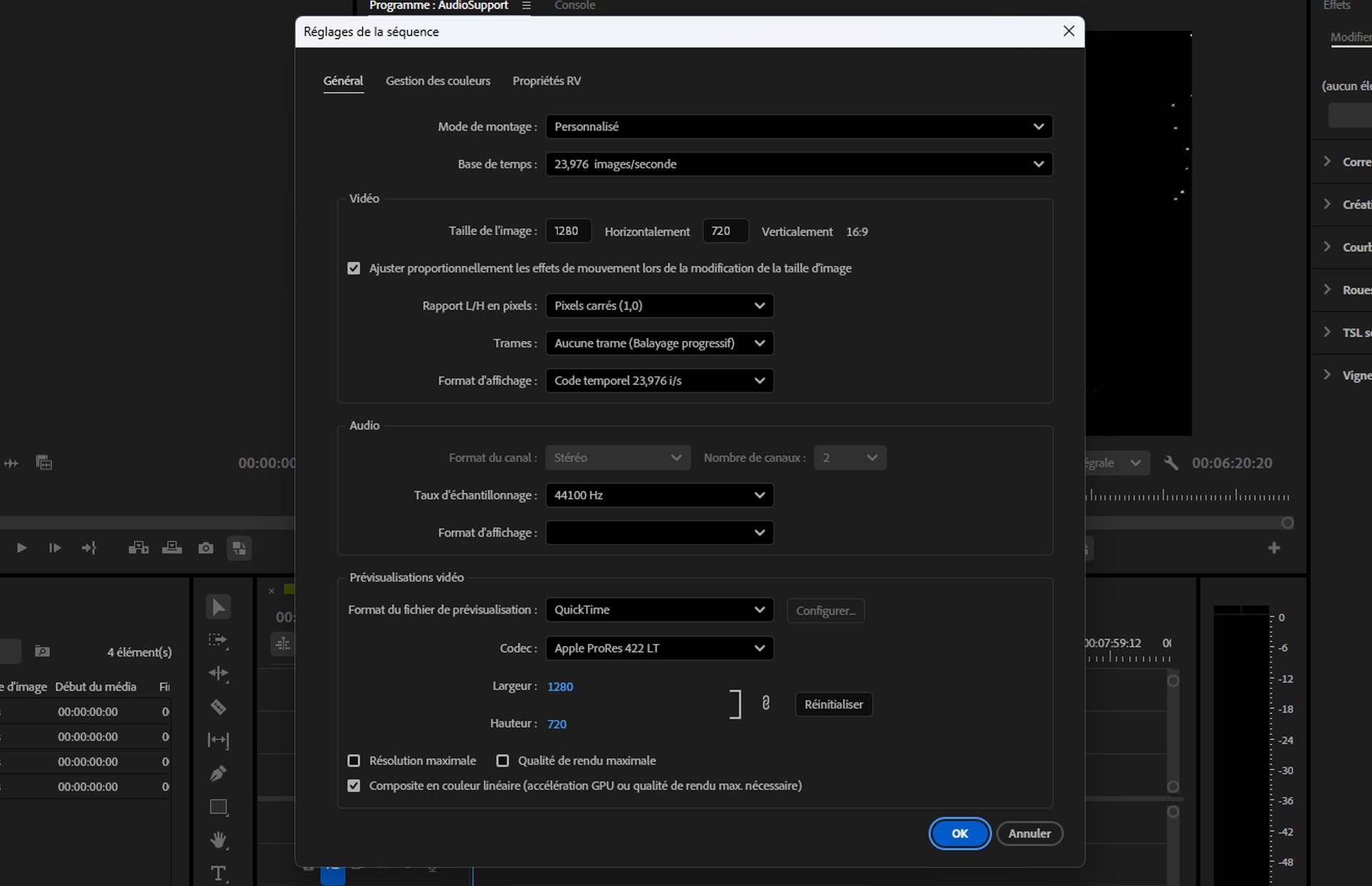 La boîte de dialogue Paramètres de séquence dans Adobe Premiere Pro affiche les options modifiables telles que le mode de modification, la base temporelle, la taille du cadre, le format des pixels et les prévisualisations de vidéos.
