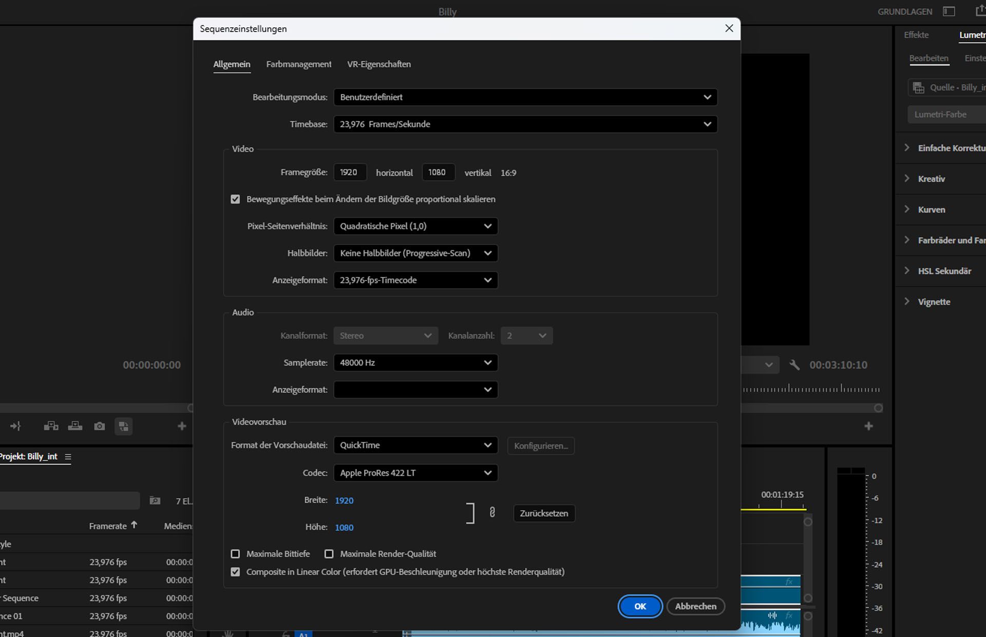 Das Dialogfeld „Sequenzeinstellungen“ in Adobe Premiere Pro zeigt bearbeitbare Optionen wie Bearbeitungsmodus, Timebase, Frame-Größe, Pixel-Seitenverhältnis und Videovorschauen.