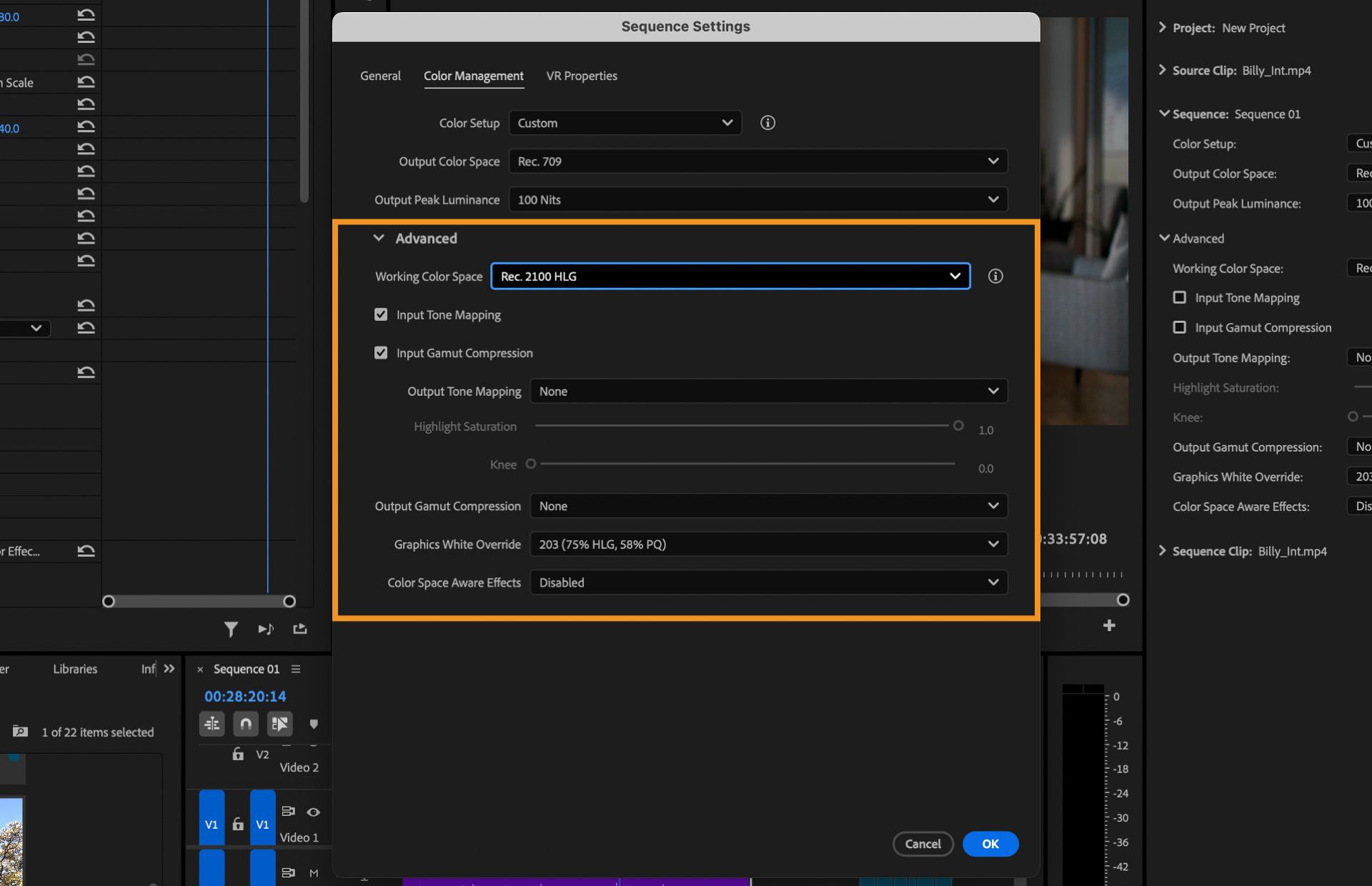 Cuadro de diálogo Configuración de secuencia abierto en premiere con la pestaña Gestión de color principal y la configuración de color avanzada resaltada.