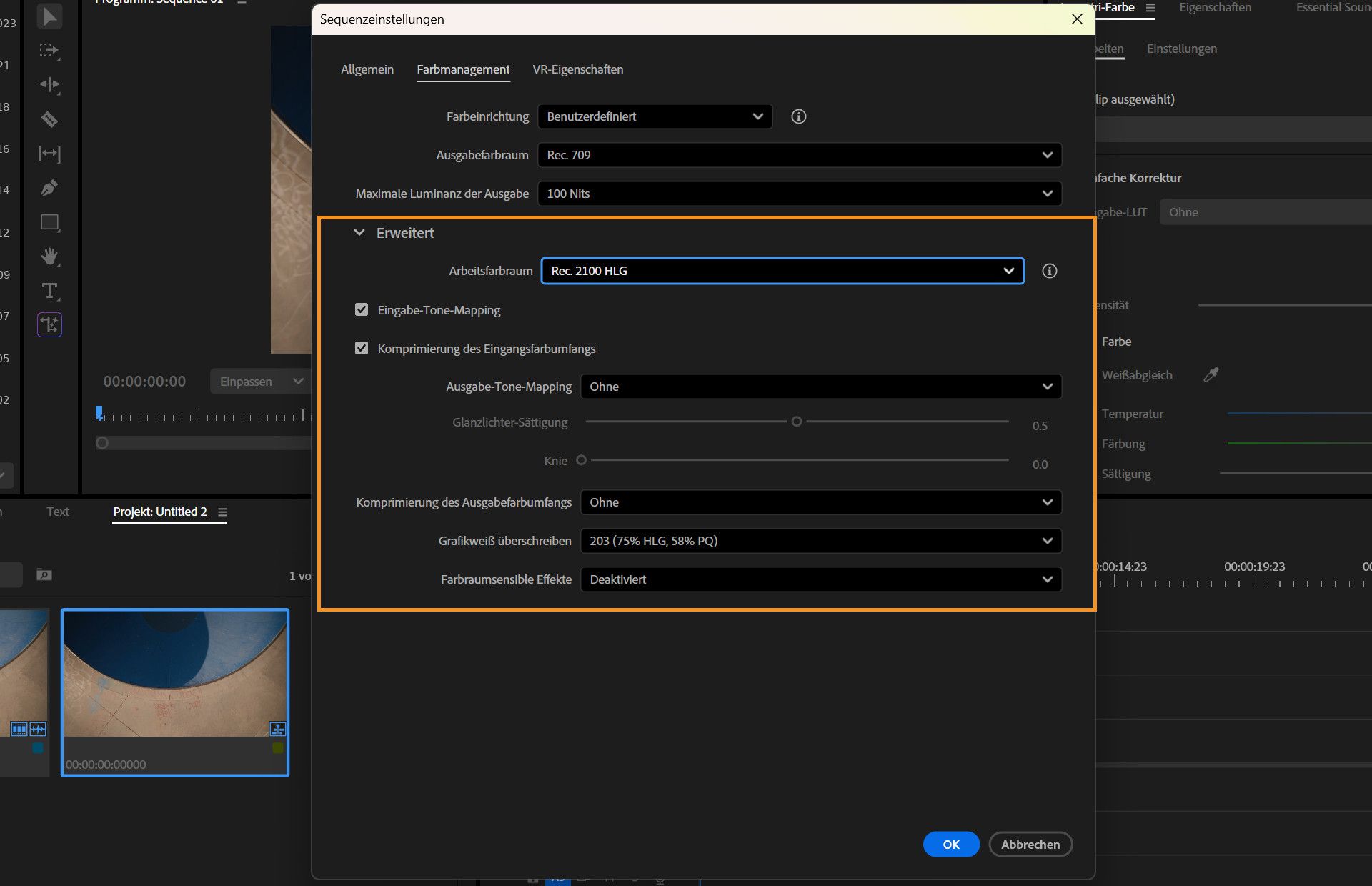 Dialogfeld „Sequenzeinstellungen“ in Premiere Pro mit aktiver Registerkarte „Farbmanagement“ und hervorgehobenen erweiterten Farbeinstellungen.