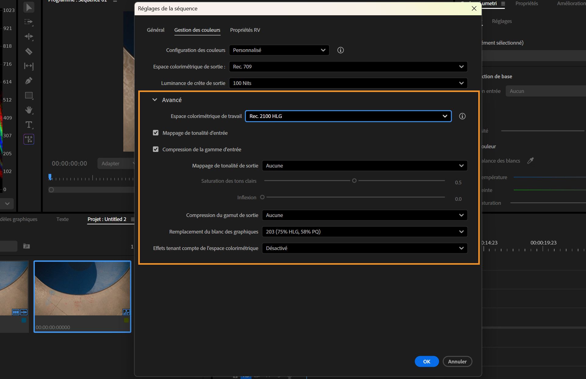 Boîte de dialogue Paramètres de séquence ouverte dans Premiere Pro avec l’onglet Gestion des couleurs actif et les Paramètres avancés de couleurs mis en évidence.