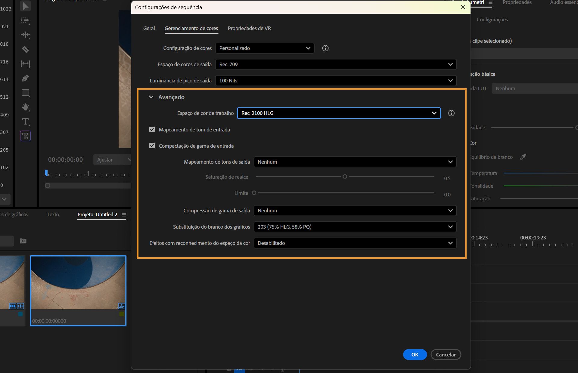 A caixa de diálogo Configurações de sequência é aberta no Premiere Pro com a guia Gerenciamento de cores ativa e Configurações de cores avançadas realçadas.
