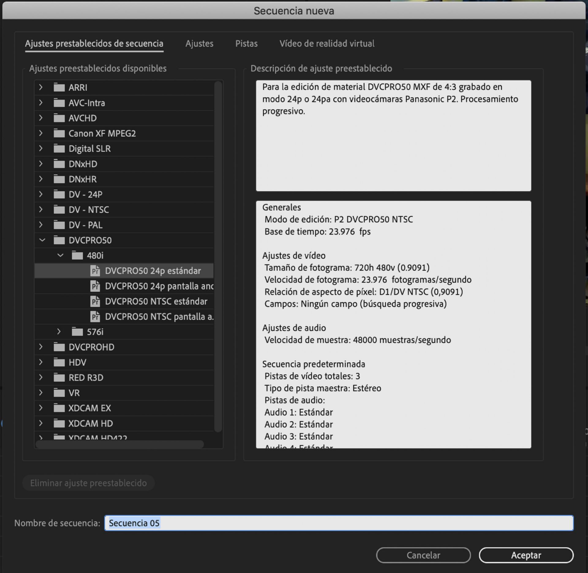 Cuadro de diálogo Nueva secuencia