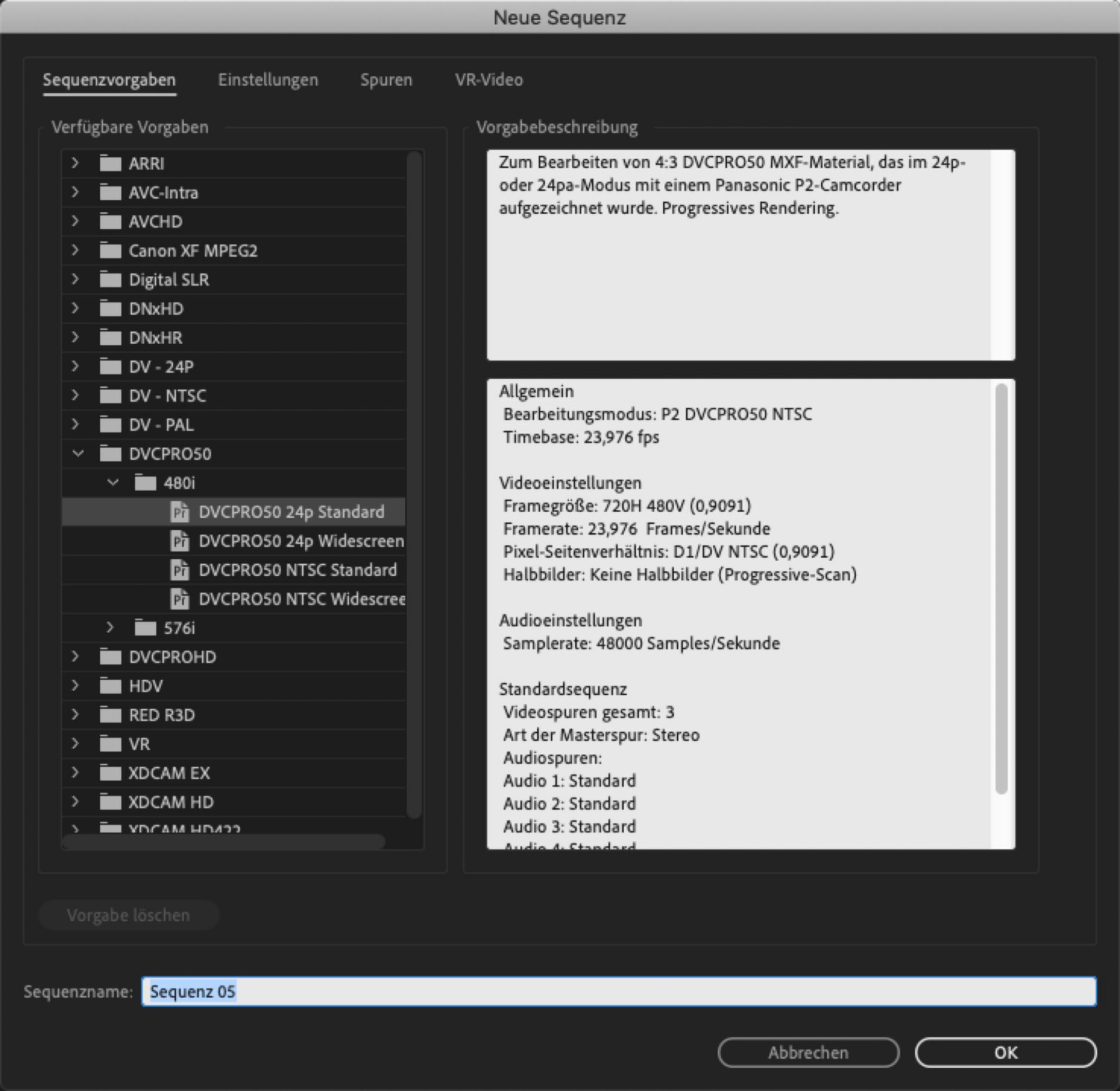 Dialogfeld „Neue Sequenz“