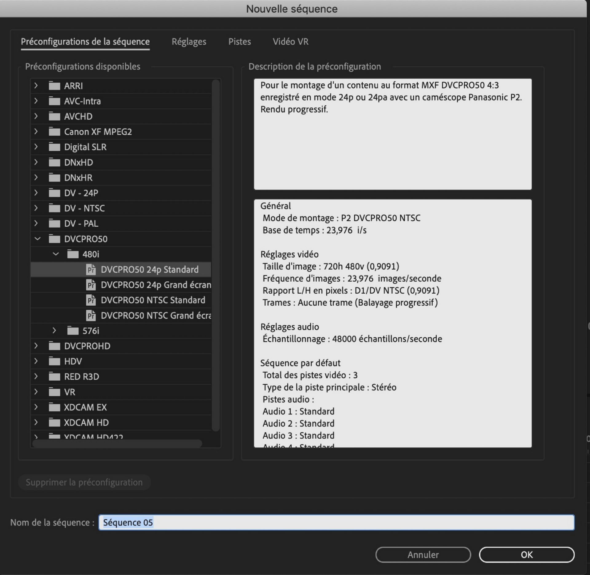 Boîte de dialogue Nouvelle séquence