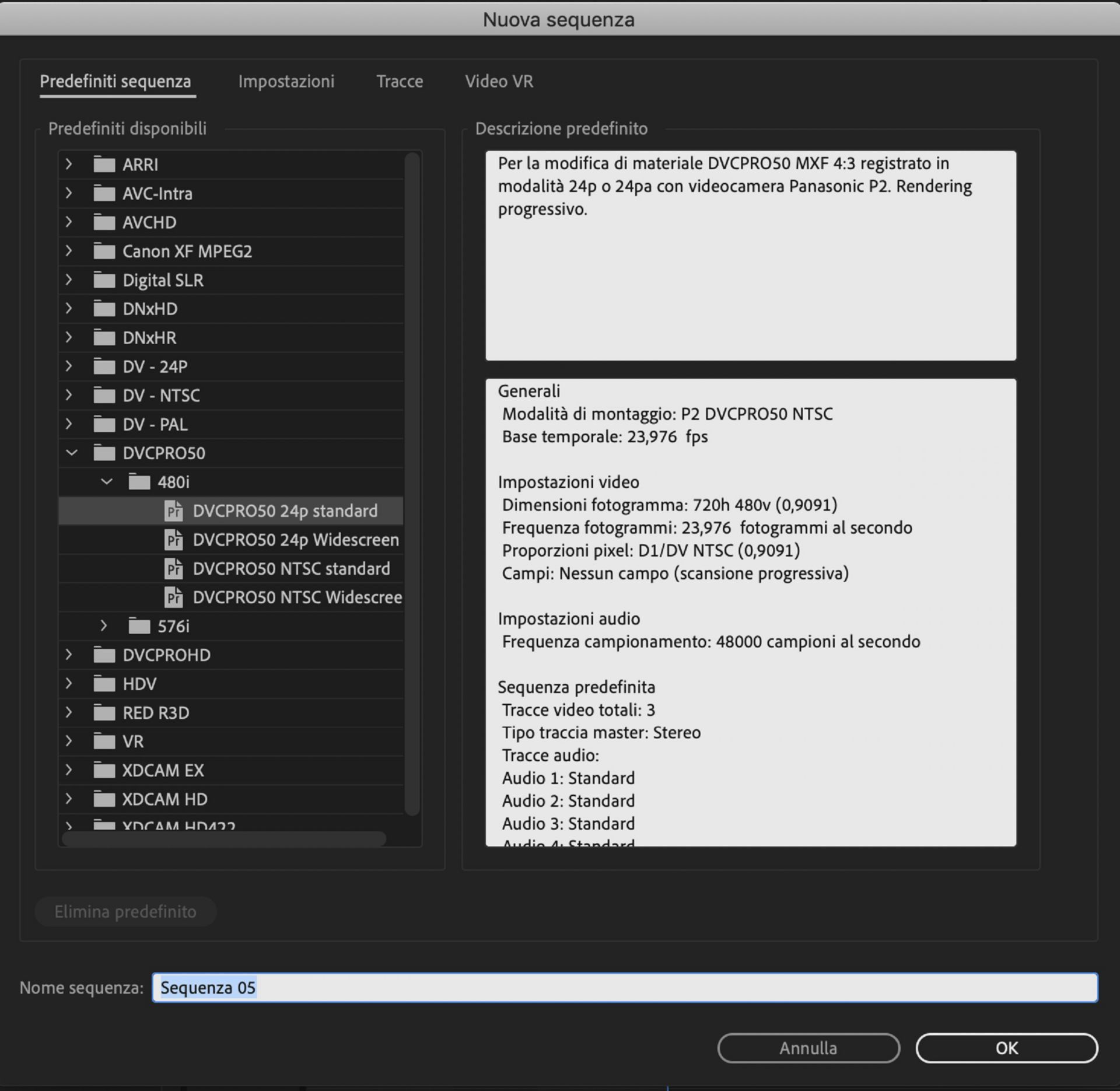 Finestra di dialogo Nuova sequenza