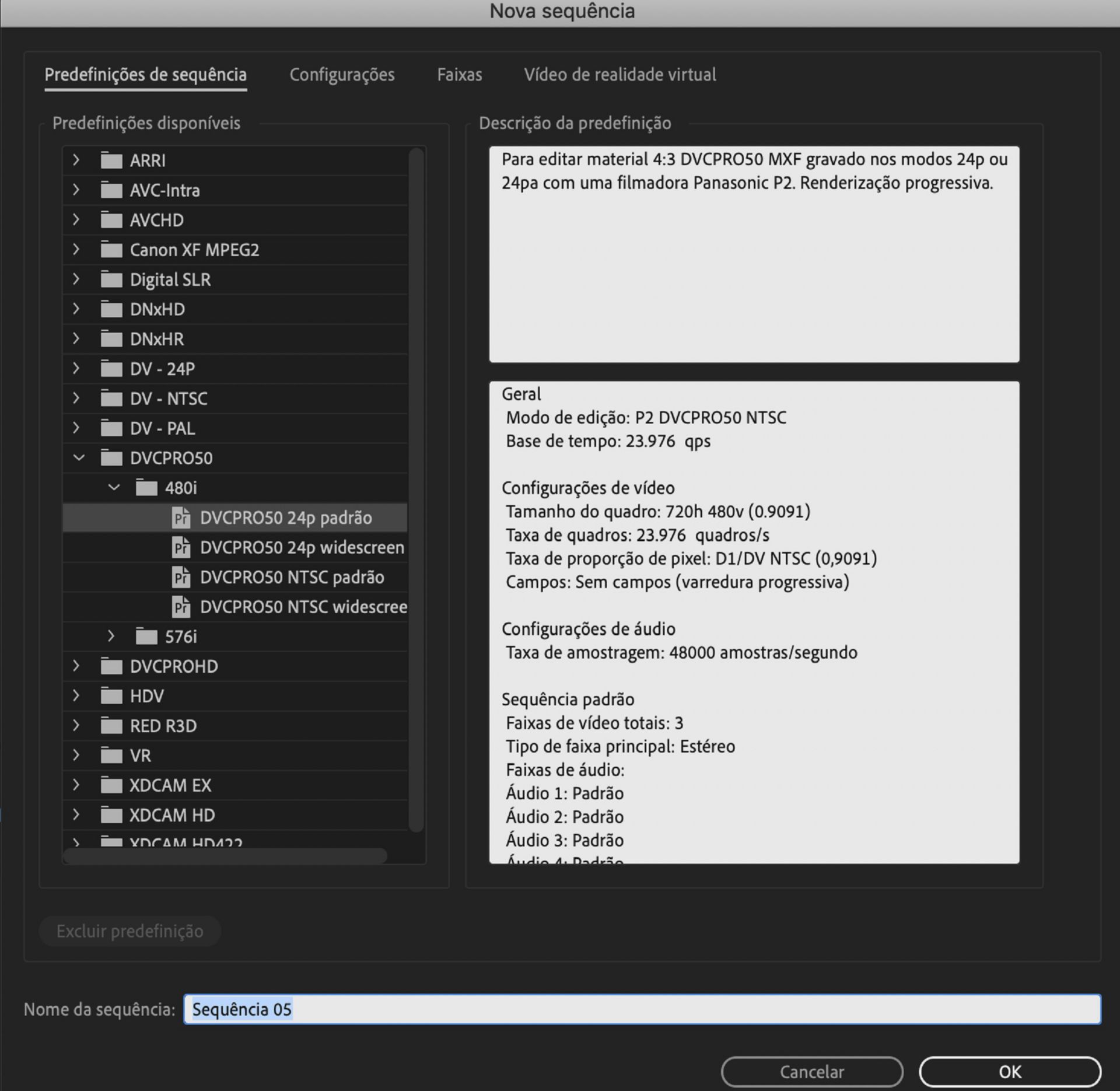 Caixa de diálogo Nova sequência