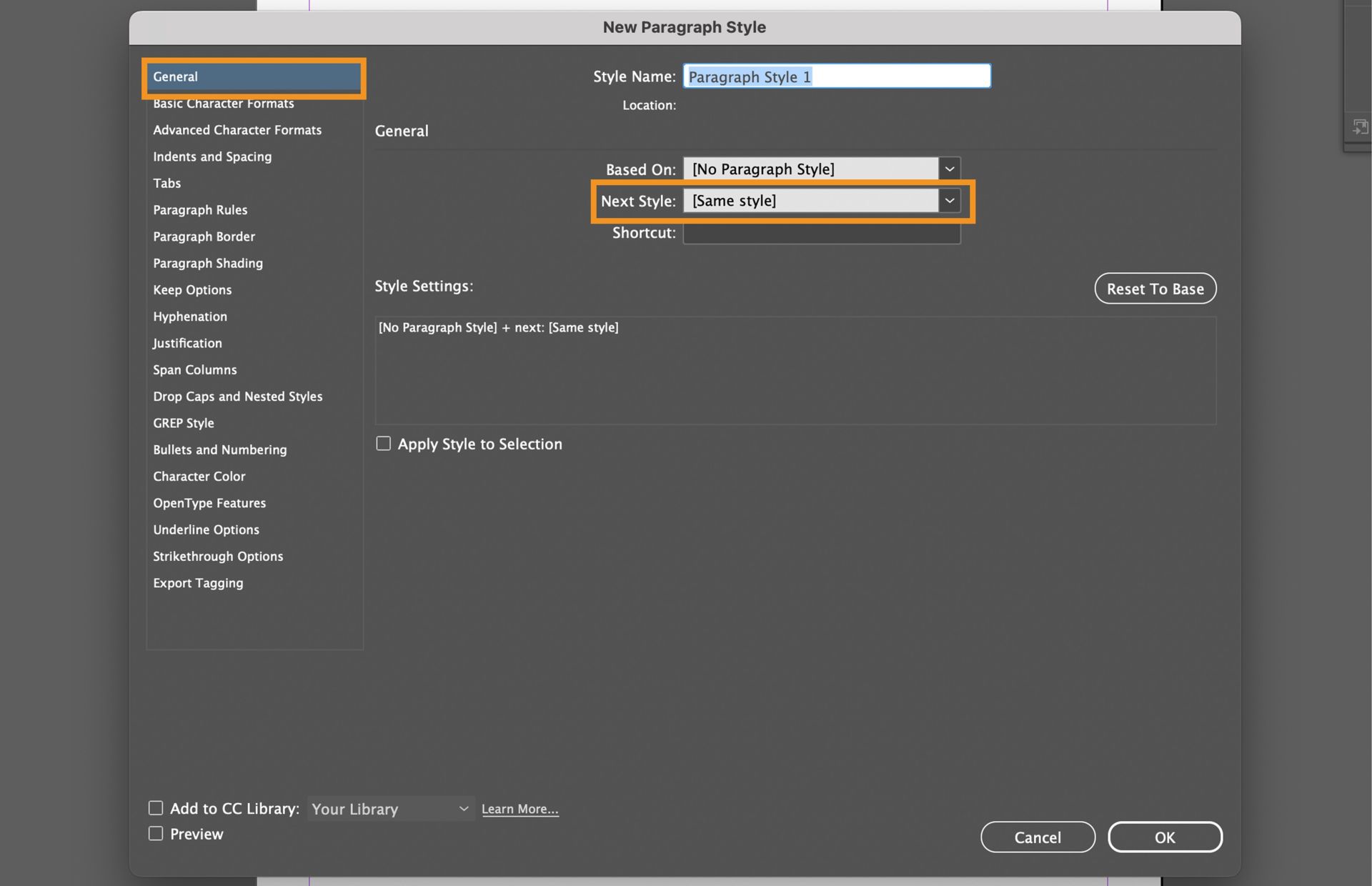 Optie Volgende stijl onder Opties voor Alineastijl