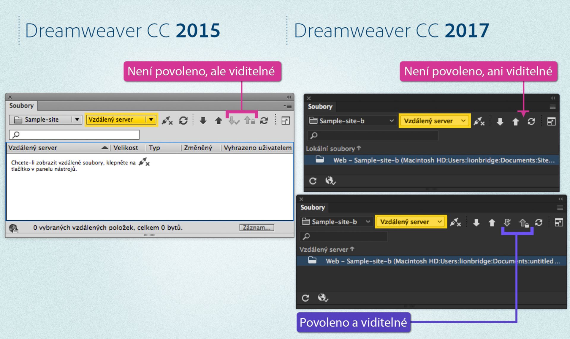 Rozdíly mezi panelem Soubory v aplikaci Dreamweaver 2015 a Dreamweaver 2017, když je definován server a možnost vyhrazení je aktivní nebo neaktivní