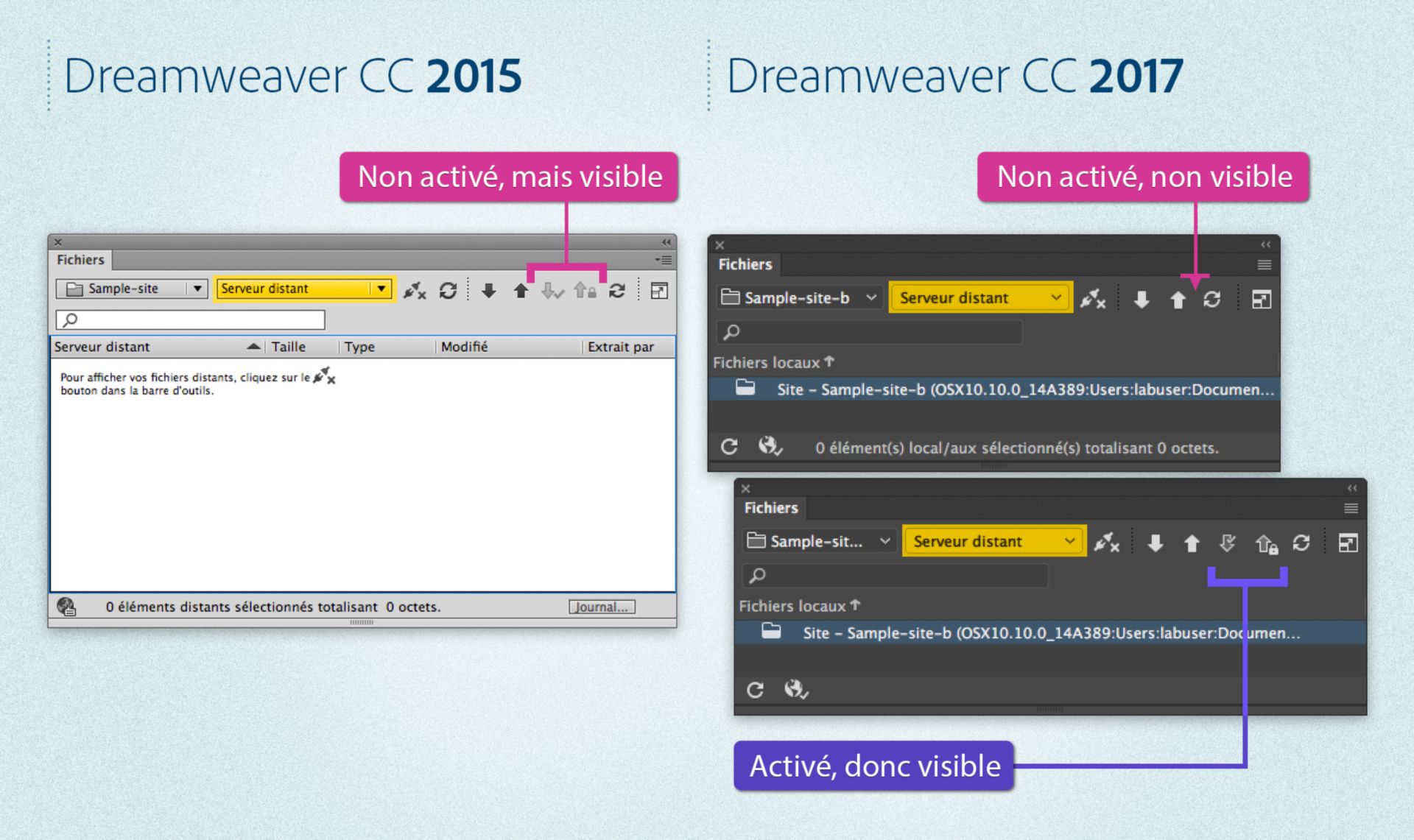 Différences dans le panneau Fichiers entre Dreamweaver 2015 et Dreamweaver 2017 lorsqu’un serveur est défini et que l’extraction est activée ou désactivée