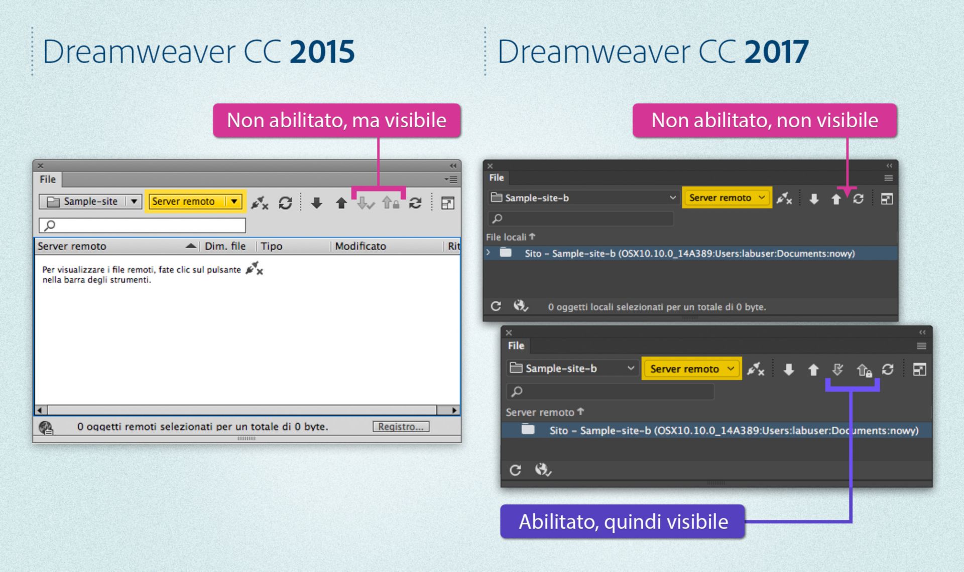 Differenze nel pannello File tra Dreamweaver 2015 e Dreamweaver 2017 quando il server è definito e il ritiro è attivato o disattivato