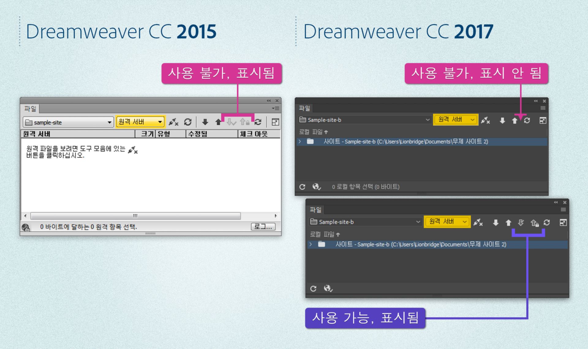 서버가 정의되고 체크아웃이 활성화 또는 비활성화된 경우 Dreamweaver 2015와 Dreamweaver 2017 간 파일 패널의 차이점