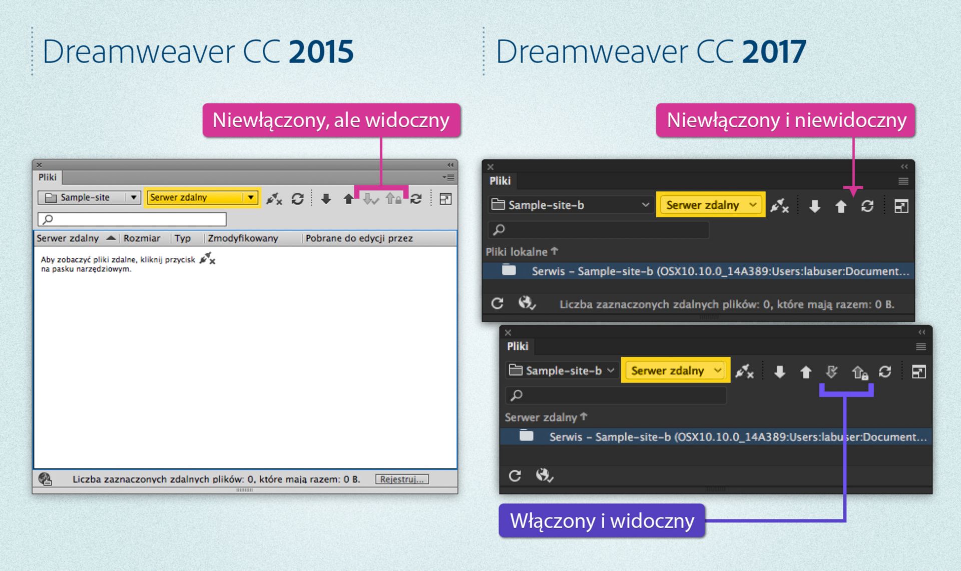 Różnice między panelami Pliki Files w wersji Dreamweaver 2015 oraz Dreamweaver 2017 w sytuacji, gdy zdefiniowano serwer oraz gdy włączono albo wyłączono pobieranie plików do edycji