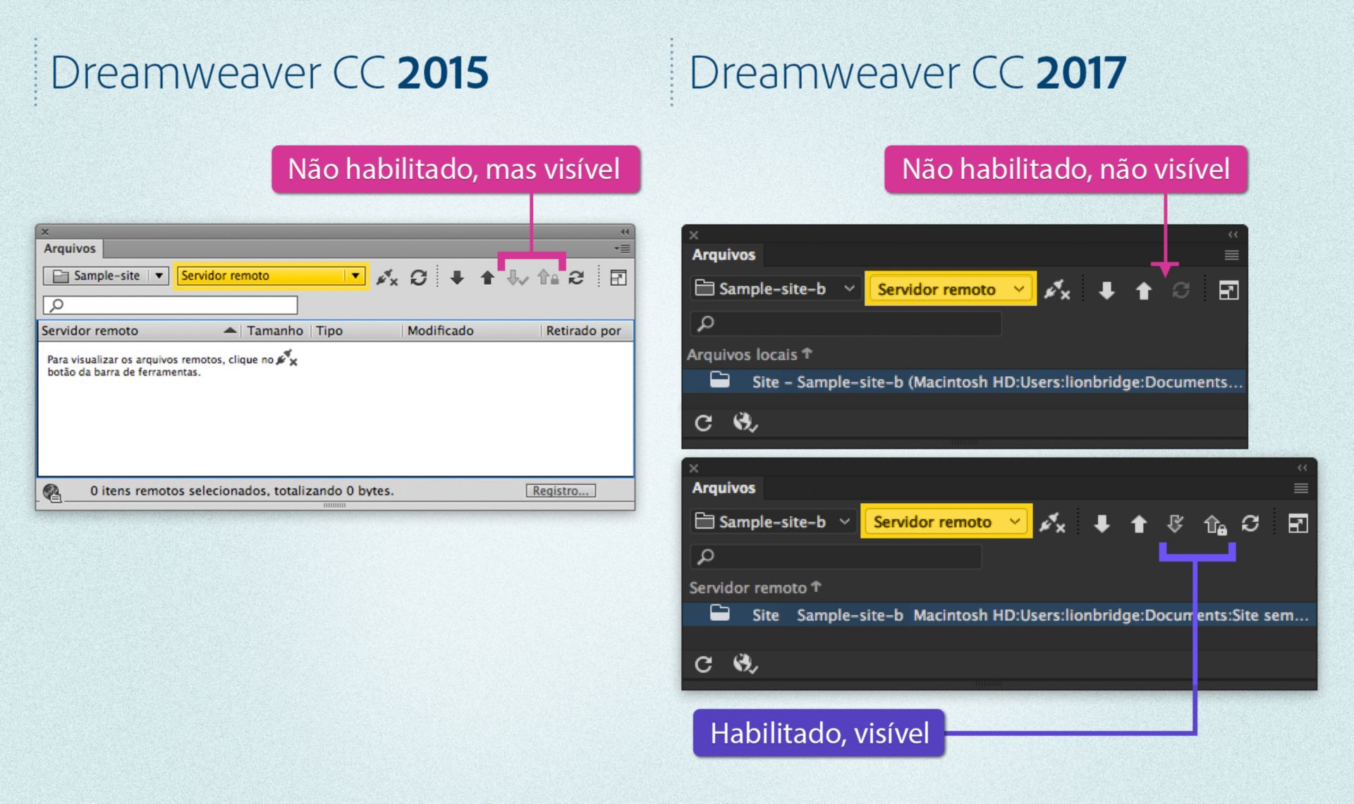 Diferenças no painel Arquivos entre Dreamweaver 2015 e Dreamweaver 2017 quando um servidor é definido e quando a retirada está ativada ou desativada