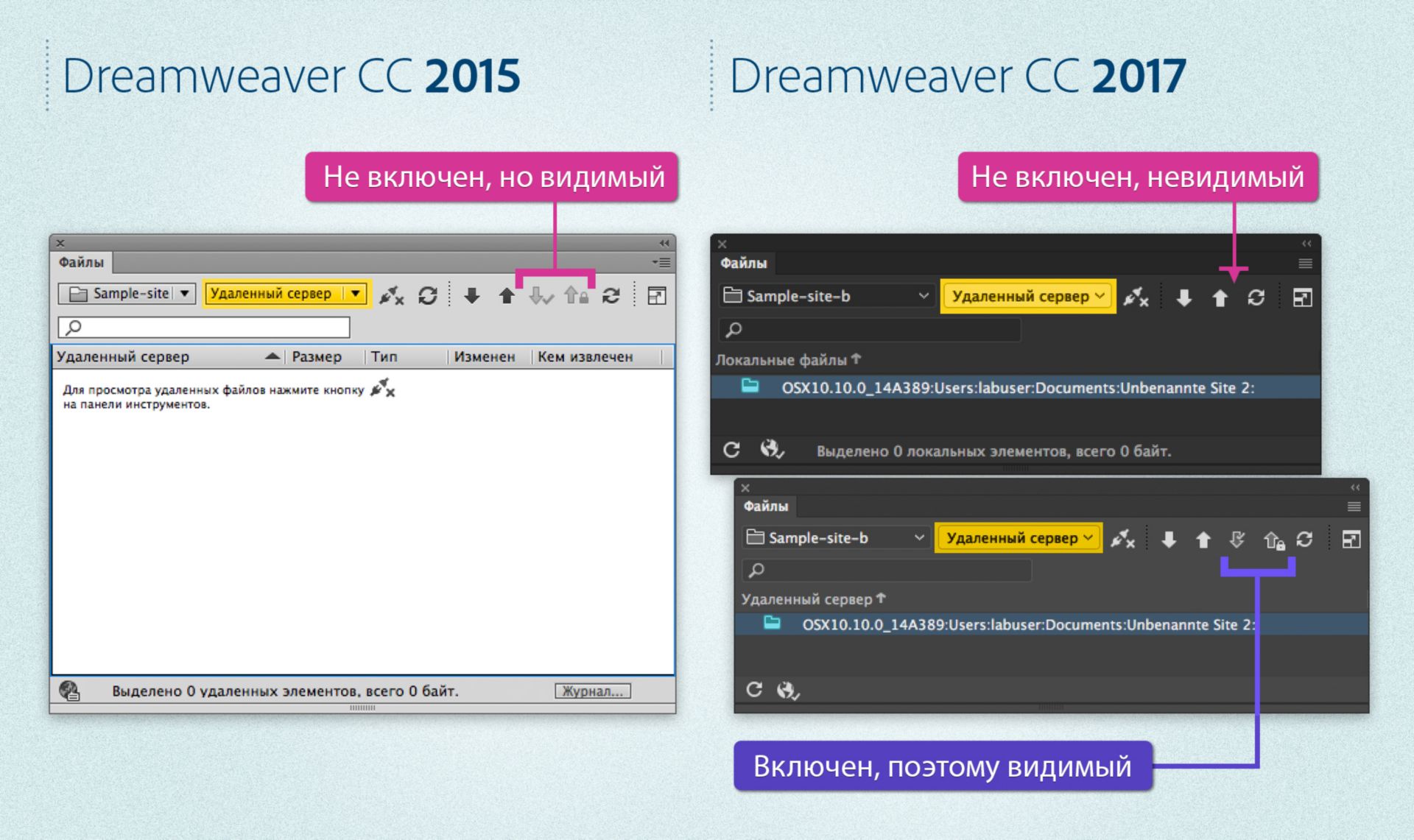 Различия между панелями «Файлы» в Dreamweaver 2015 и Dreamweaver 2017 на этапе, когда сервер уже определен, а функция извлечения активирована или не активирована