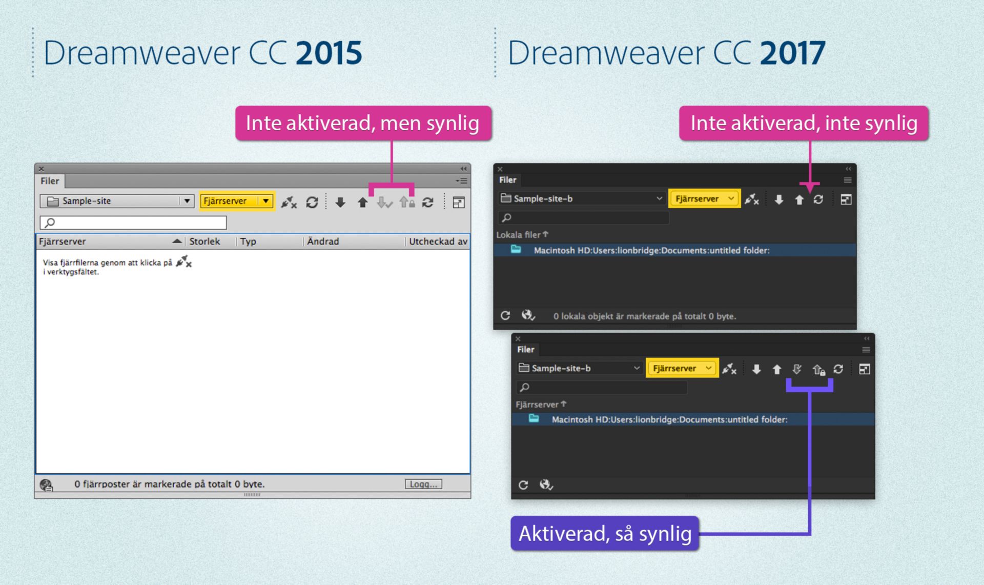 Skillnader på panelen Filer i Dreamweaver 2015 och Dreamweaver 2017 när en server har definierats och utcheckning är aktiverat eller inaktiverat