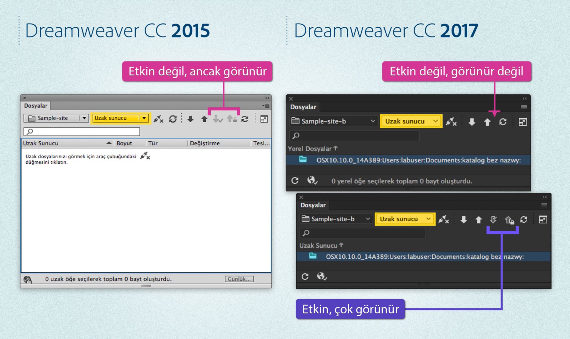 Dreamweaver 2015 ve Dreamweaver 2017 uygulamalarında bir sunucu tanımlandığında ve teslim alma etkinleştirildiğinde veya devre dışı bırakıldığında Dosyalar panelindeki farklar