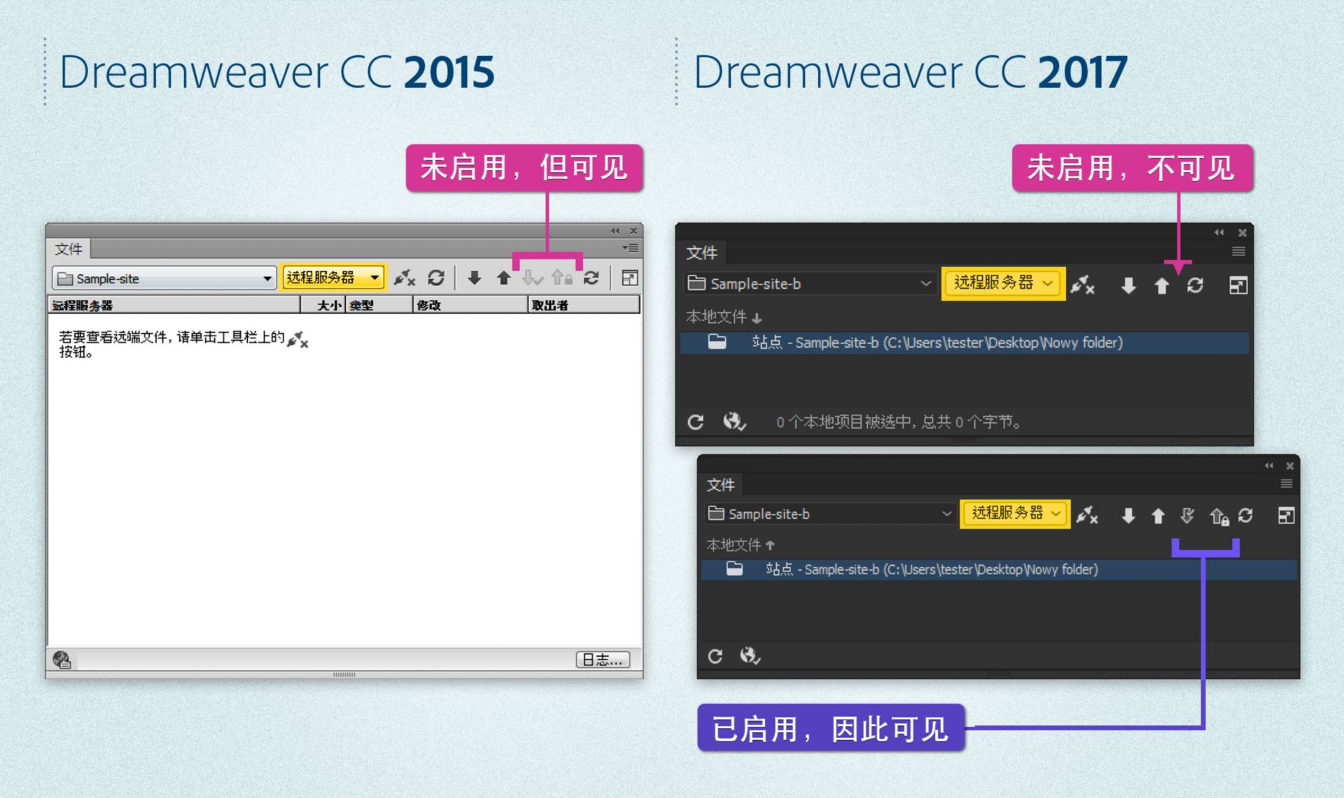 定义了服务器且启用或禁用取出时 Dreamweaver 2015 和 Dreamweaver 2017 的“文件”面板区别