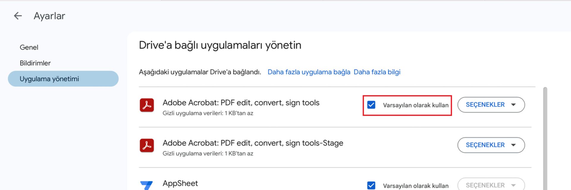 Google Drive için Adobe Acrobat'ı PDF'ler için varsayılan uygulama olarak ayarlama