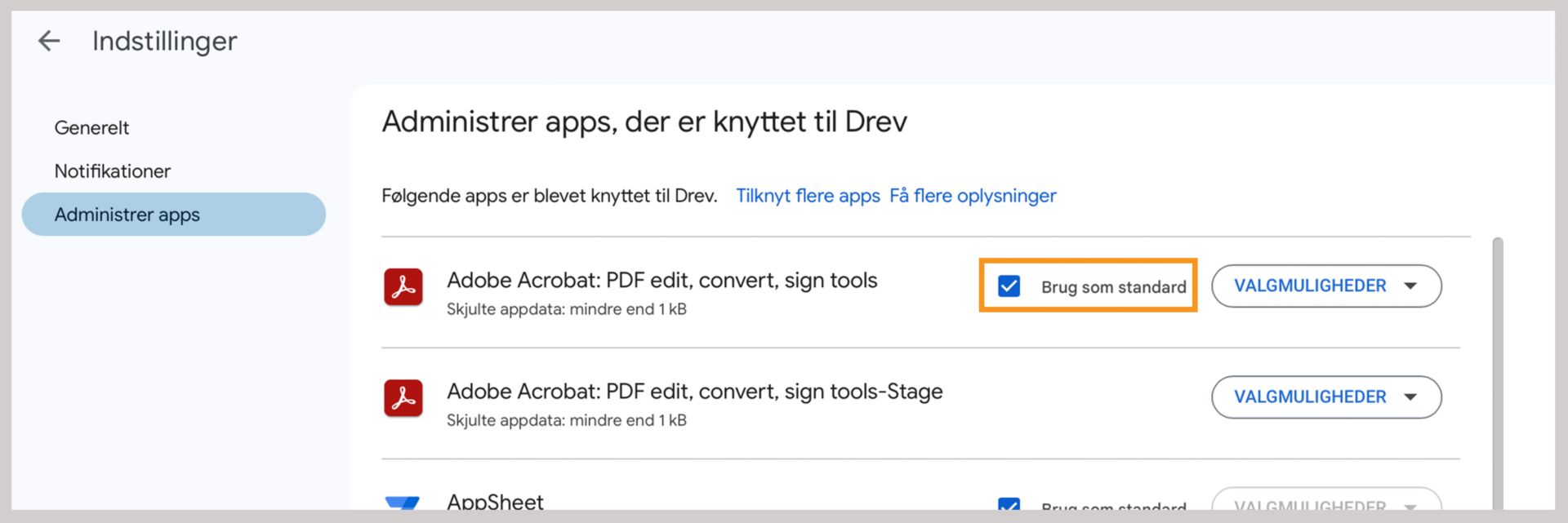 Angiv Adobe Acrobat til Google Drev som standardappen for PDF'er