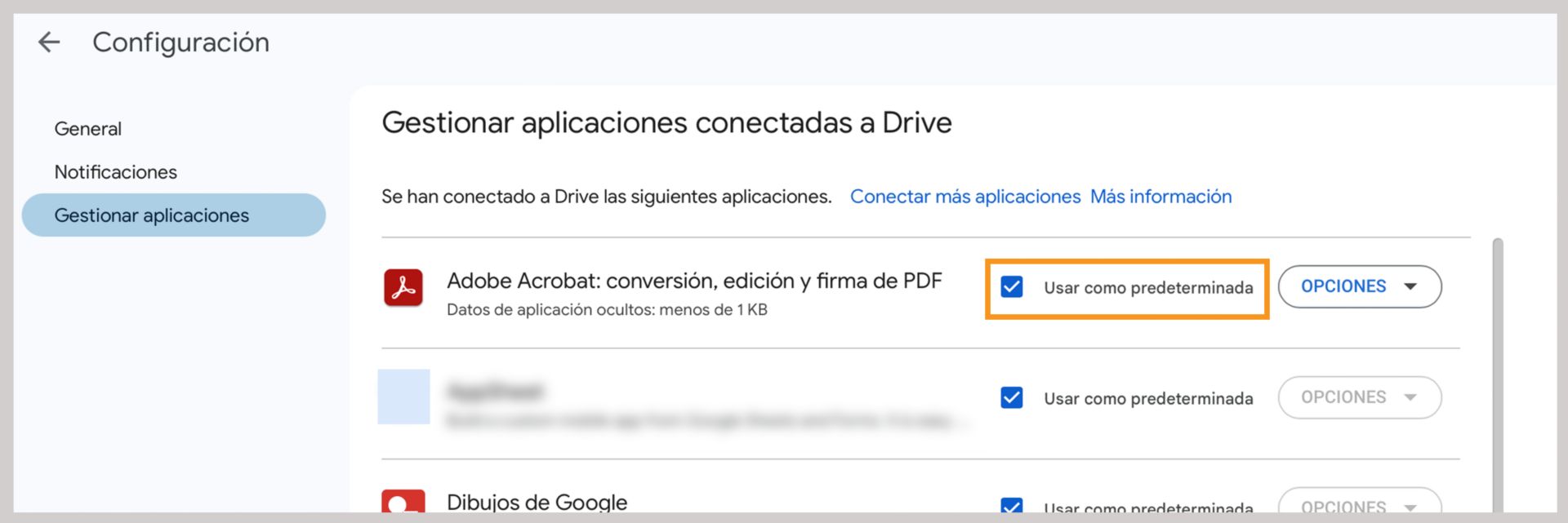 Establecer Adobe Acrobat para Google Drive como aplicación predeterminada para PDF