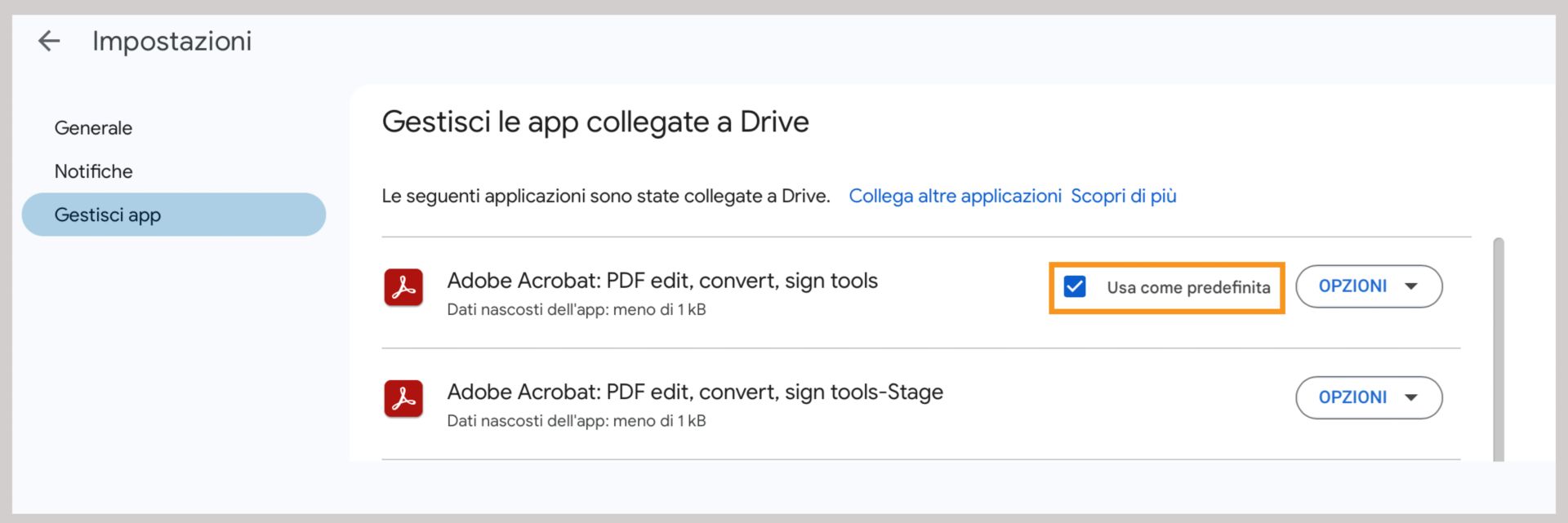 Impostare Adobe Acrobat per Google Drive come app predefinita per i file PDF