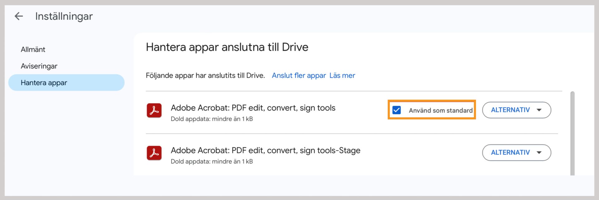 Ange Adobe Acrobat för Google Drive som standardapp för PDF-filer