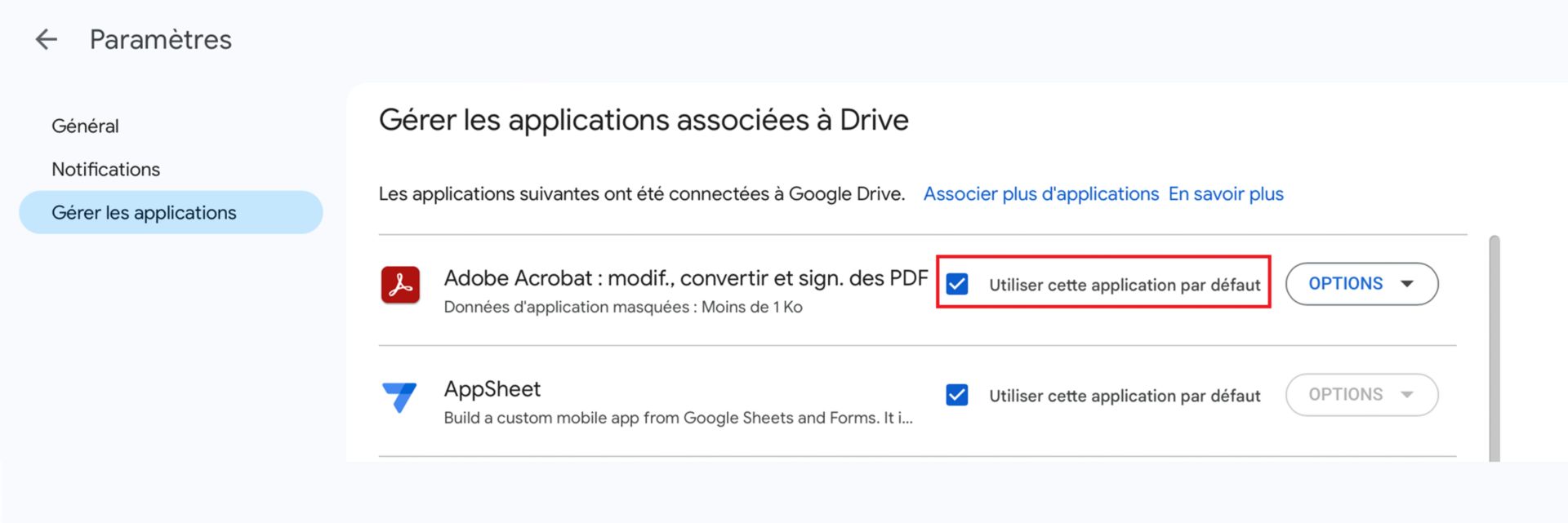 Définition d’Adobe Acrobat pour Google Drive comme application par défaut pour les fichiers PDF