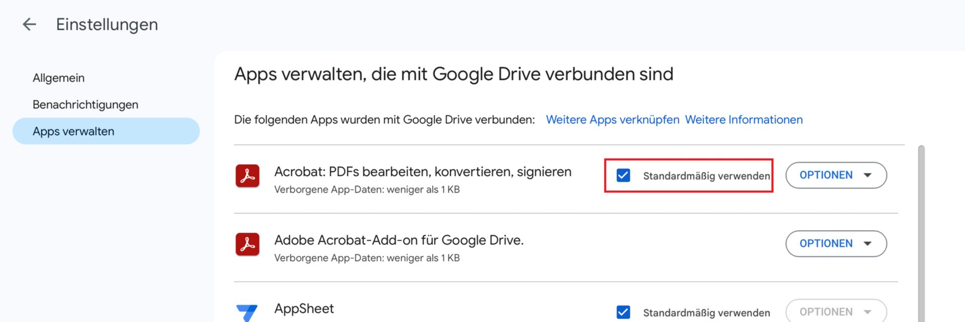 Festlegen von Adobe Acrobat für Google Drive als Standardanwendung für PDF-Dateien