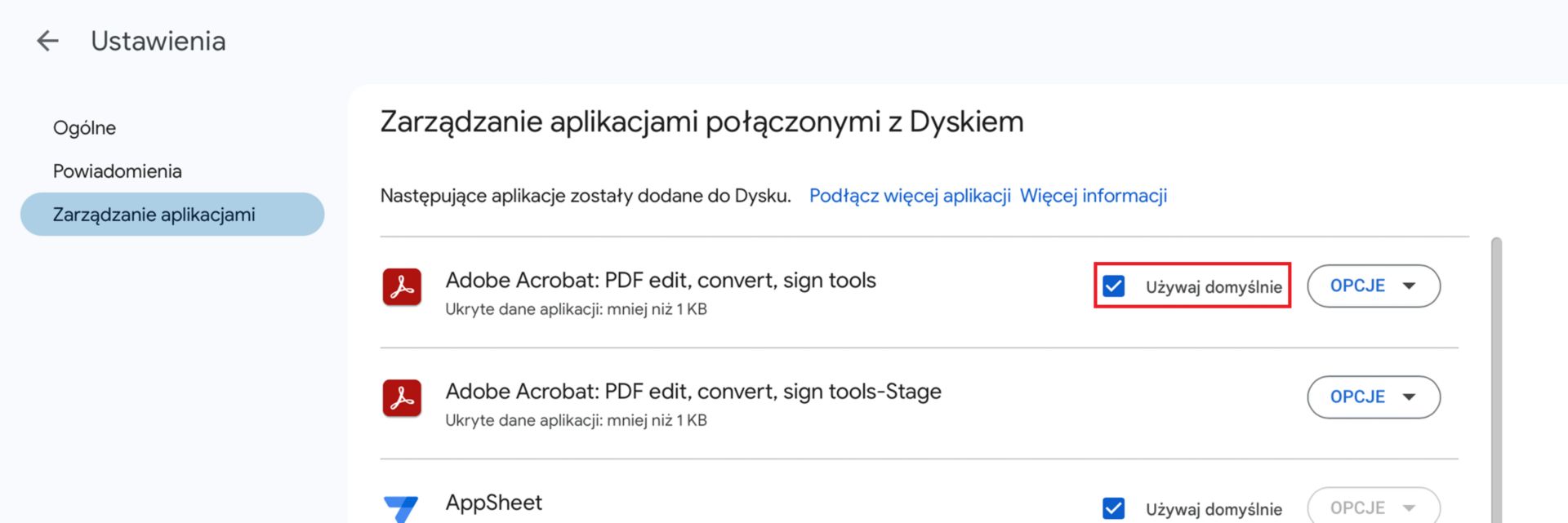 Ustaw Adobe Acrobat dla Dysku Google jako domyślną aplikację dla plików PDF