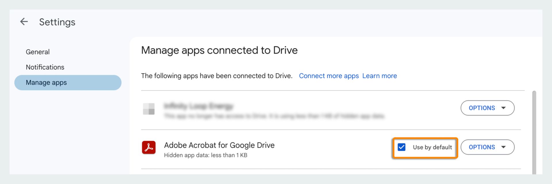 Set Adobe Acrobat for Google Drive as the default app for PDFs