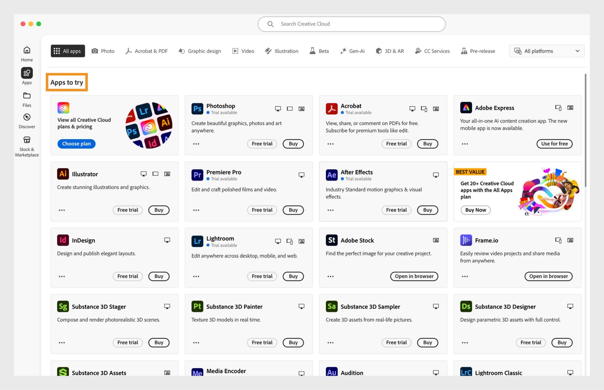 The All apps tab showing all Creative Cloud apps that are available for free trial or purchase.