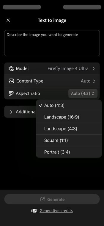  A tela de texto para imagem exibe um menu suspenso de proporção aberto com várias opções e a opção Auto selecionada.