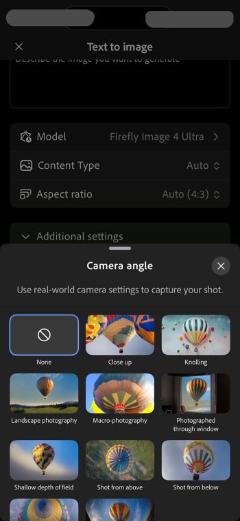 La sezione Angolo di ripresa mostra stili di fotocamera come Primo piano e Knolling che determinano l'aspetto dell'immagine generata.