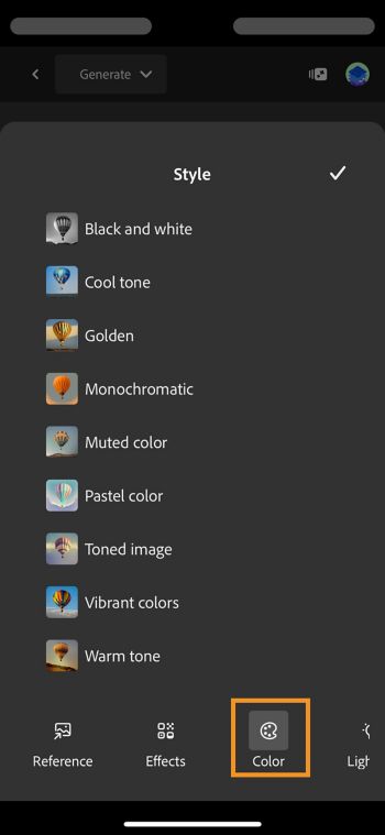 Der Abschnitt „Farbe“ zeigt Farbstile wie „Monochromatisch“ und „Gold“, die das Look-and-Feel deines generierten Bildes bestimmen.