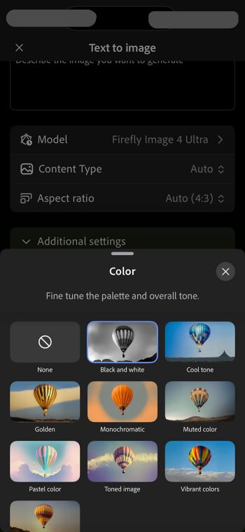 The Color section shows color styles like Monochromatic and Golden that guide the look and feel of your generated image.