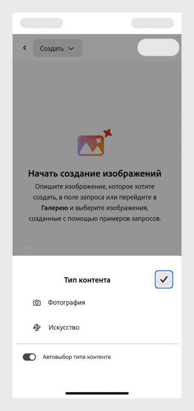 Открыт раздел «Тип контента», в котором отображаются параметры «Фотография», «Художественный» и «Автовыбор». 