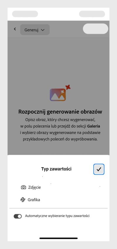 Sekcja Typ zawartości jest otwarta i wyświetlane są opcje wyboru typu zawartości: Zdjęcie, Grafika i Automatycznie. 