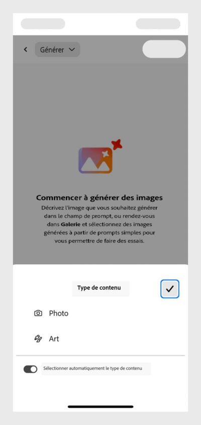 La section Type de contenu est ouverte et les options de sélection de type de contenu Photo, Art et Sélection automatique s’affichent. 