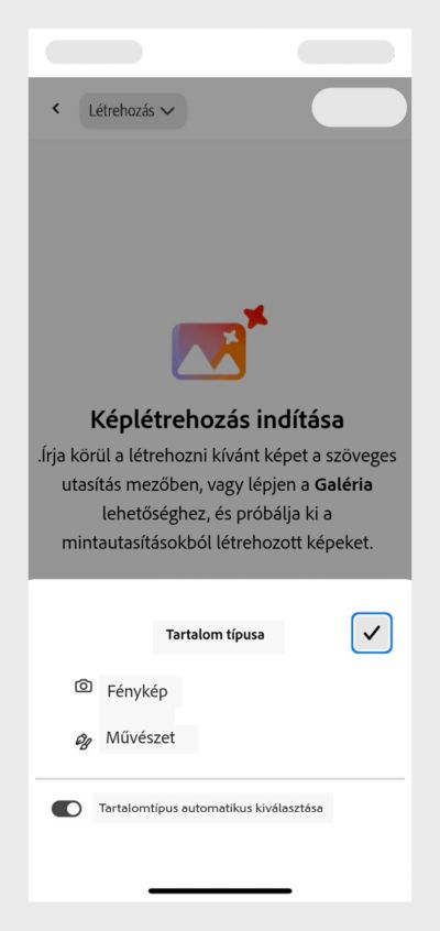 A Tartalom típusa szakasz nyitva van, és a Fénykép, Grafika és az Automatikus tartalomtípus kiválasztása opciók láthatók. 